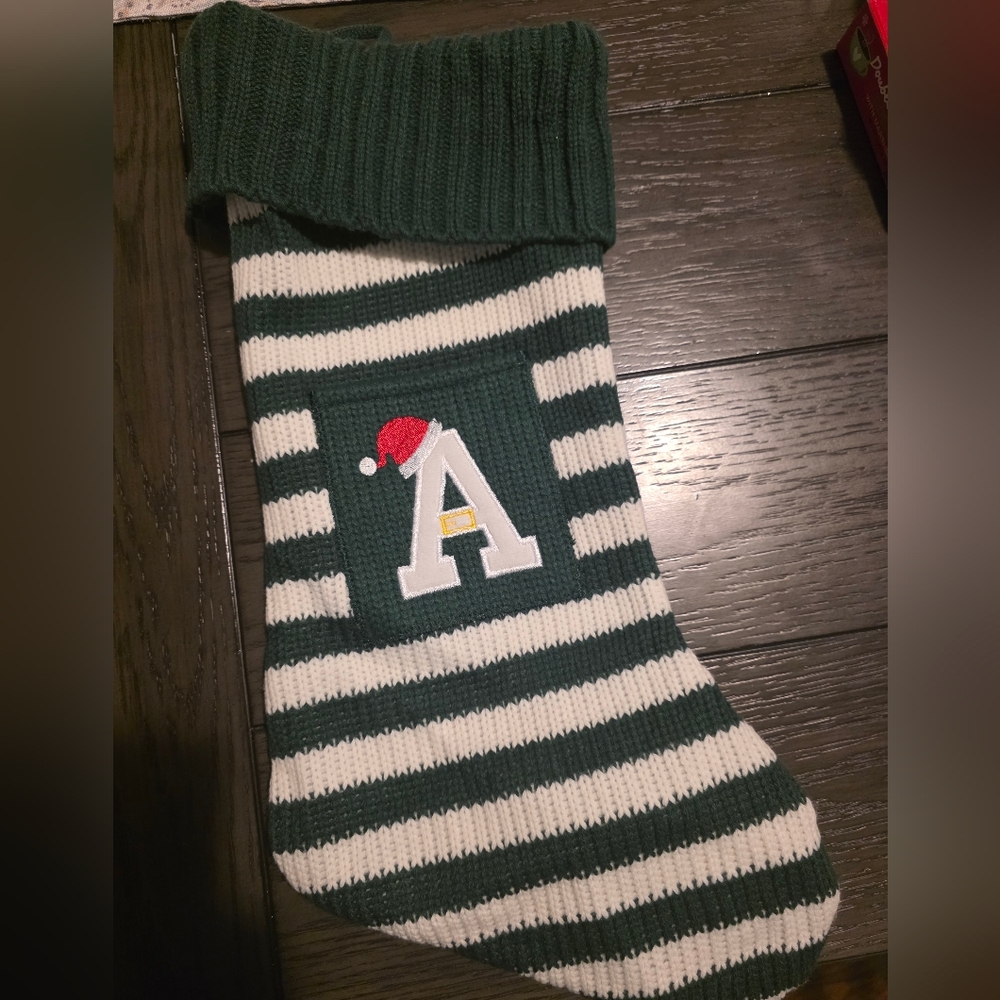Green and White Striped Knit Christmas Stocking - Monogram A